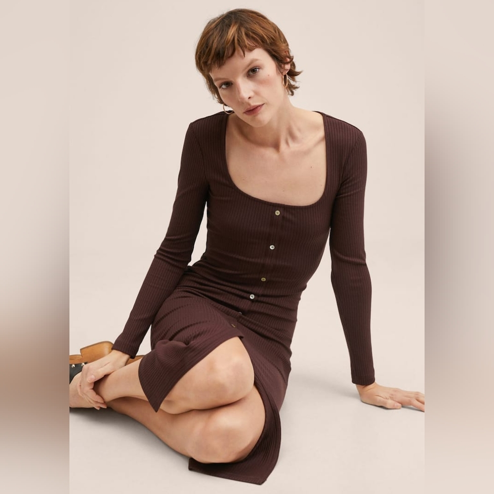 Mango Fine Ribbed Knit Midi Dress